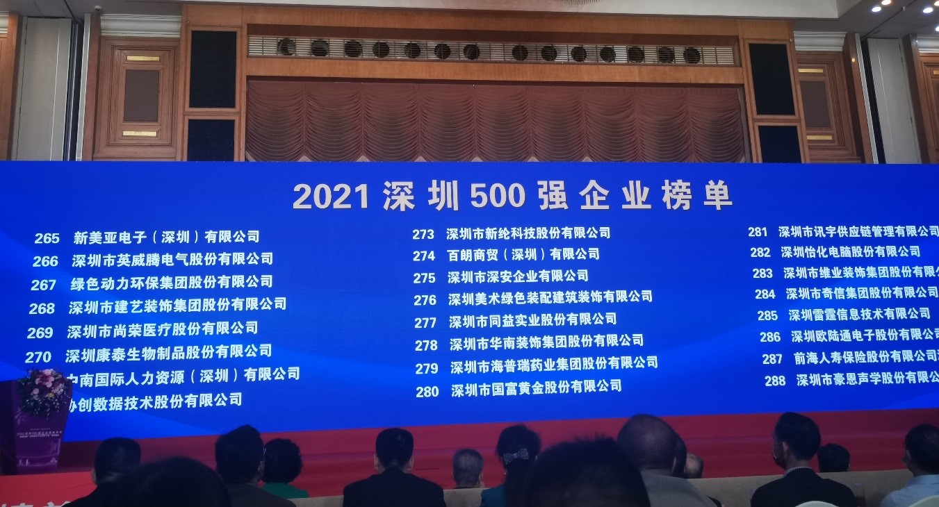 优发娱乐·(国际)官方网站上榜2021深圳企业500强