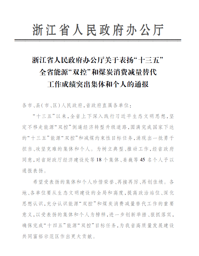 优发娱乐·(国际)官方网站永嘉公司付金轩获“浙江省能源‘双控’工作成绩突出个人”表彰